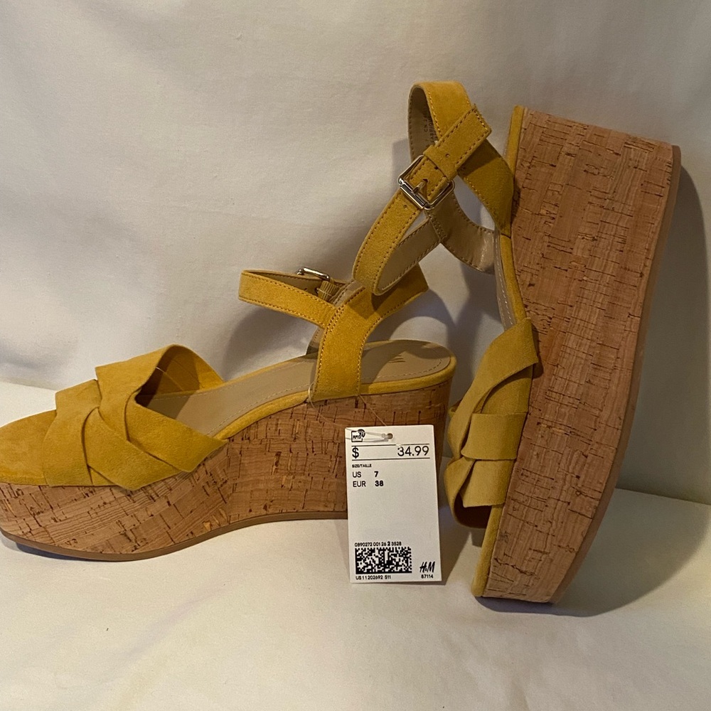 💛 H&M Yellow Cork Platform Wedge Sandals 💛 Size 7 - NEW - Picture 3 of 7